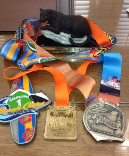 President Doti's "runners' swag" from his weekend events, including the Chapman Toyota of Orange 5K.