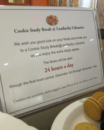 Fortify for finals week with a cookie study break, compliments of Leatherby Libraries.