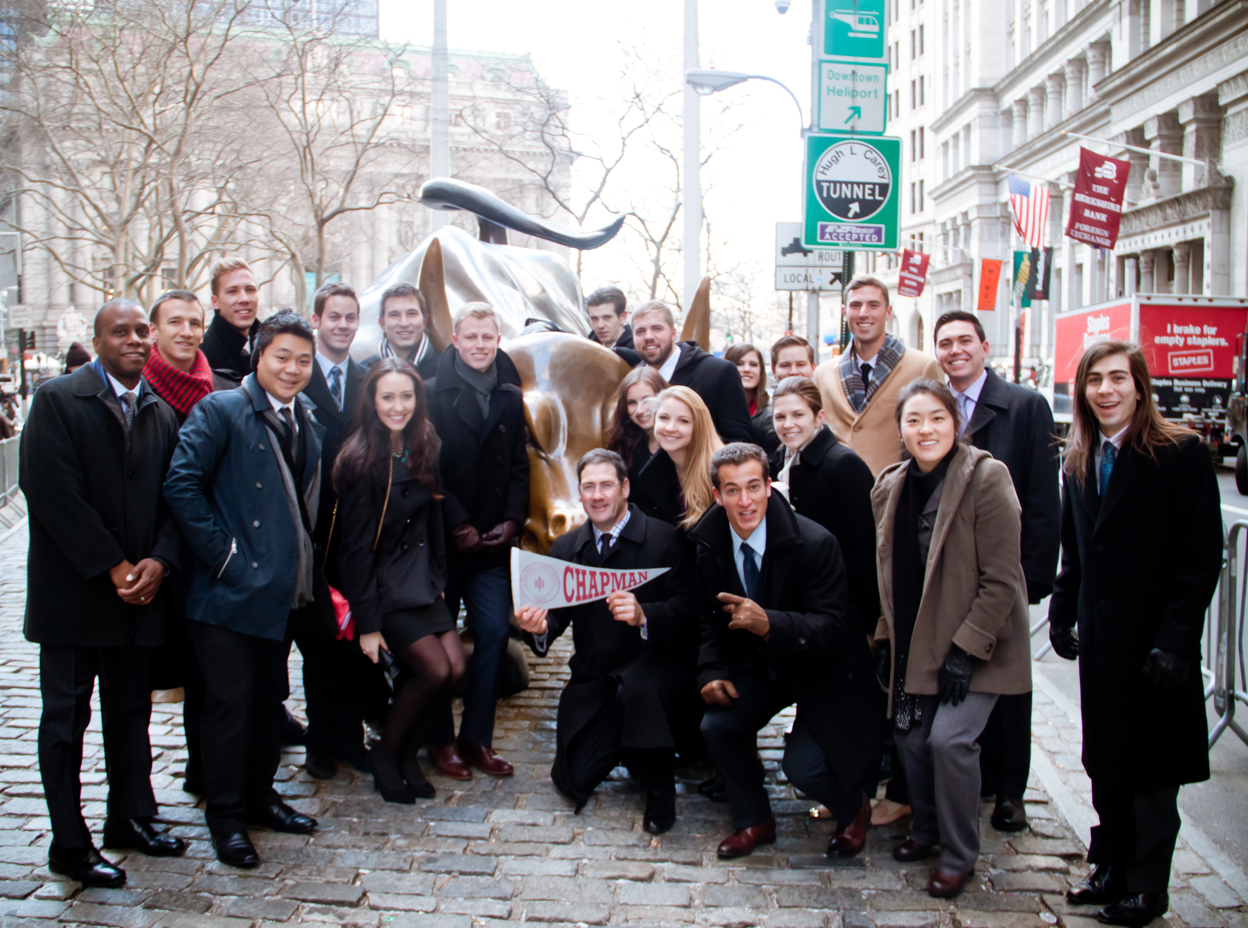 Finance students in this winter's "Walk on Wall Street" travel course were joined by Dean Reggie Gilyard, pictured at far left.