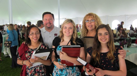 Among the educators in attendance was alumnus Cameron Malotte ’80, principal at Bernardo Yorba Middle School. With him are students (l-r) Erica Hithe, Jordyn Adair and Gillian Palafoutas, and English teacher Christine Perez.