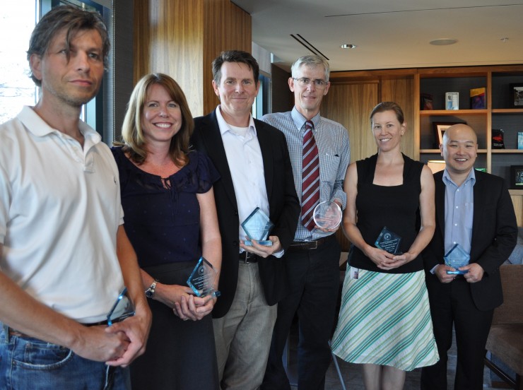 Faculty honored at the Thursday, May 1, Faculty Research Recognition Reception include, from left, Gabriele Camera, Laura Glynn, John Benitz, Walter Piper, Jennifer Funk and Kerk Kee.