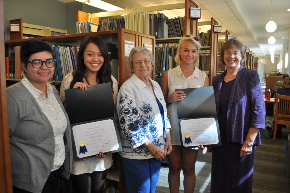 Pictured, from left, are Maria Yanez, special collections and archives librarian, Marie Cheng, Margaret Class, Rachel Becker and Charlene Baldwin, dean of Leatherby Libraries.