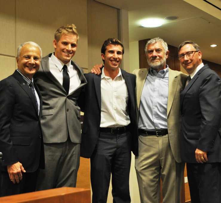 The 2014 Cheverton Award was presented to two students this year, Elliot Cooley ’14 and Adam Kalawi ’14. From left are President Jim Doti, Cooley, Kalawi and Chancellor Daniele Struppa.