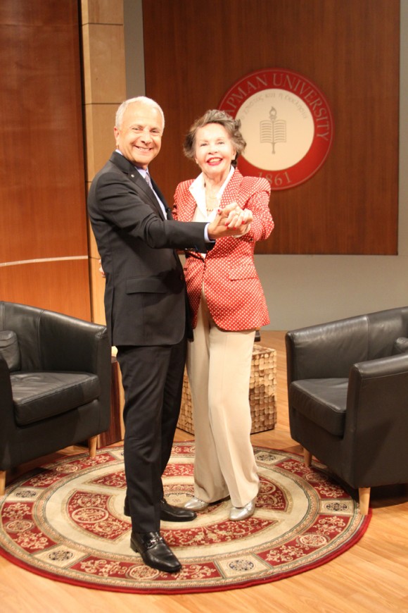 President Jim Doti and film star Leslie Caron share a light moment after taping an episode of "Dialogue with Doti."