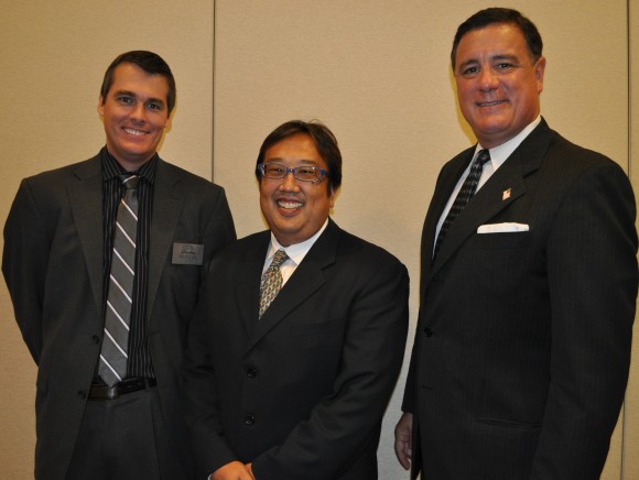Assemblyman Don Wagner (R-Irvine) far right, administered the oath of office to the new board of directors for the Orange Chamber of Commerce. Pictured with Wagner are, from right are Trevor O’Neil, incoming Chairman of the Board, and Ken Murai, director of campus design at Chapman University.