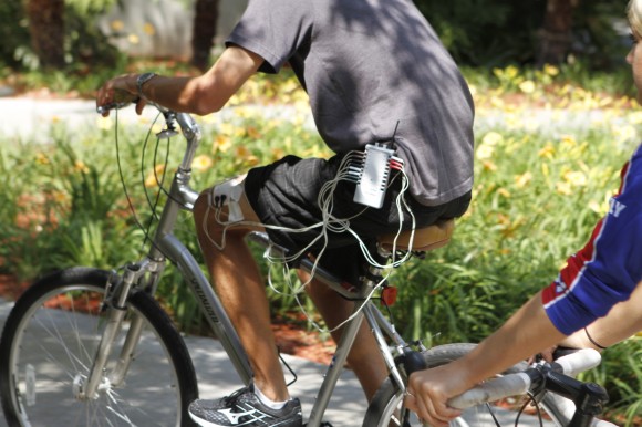 Some teachers were connected to electrodes as part of a laboratory experiment measuring muscle exertion during cycling.