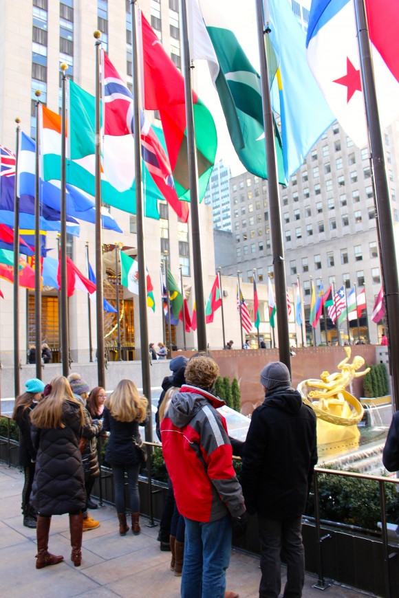 people looking at flags