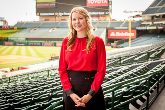 woman at a baseball stadium