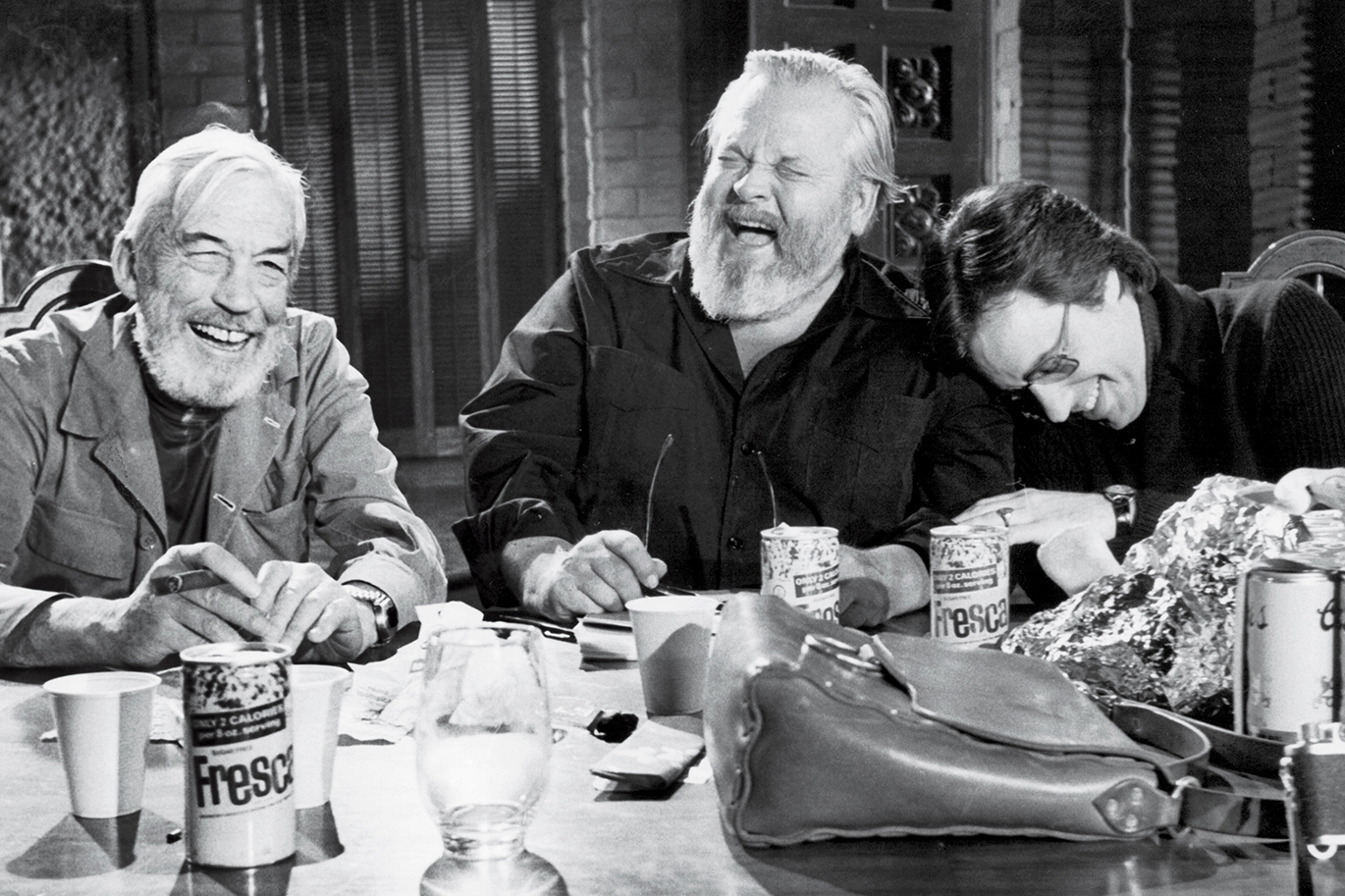 John Huston, Orson Welles and Peter Bogdanovich during filming of "The Other Side of the Wind"