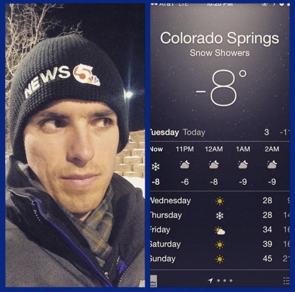 man next to weather forecast