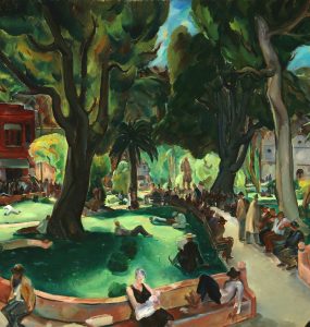Sunday at the Plaza by Phil Dike. This large-scale work was reproduced in Fortunemagazine shortly after it was painted, and since the 1940s it has been part of at least eight important American museum exhibitions as well as being reproduced extensively.