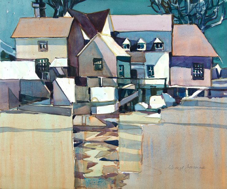 painting of houses on hill