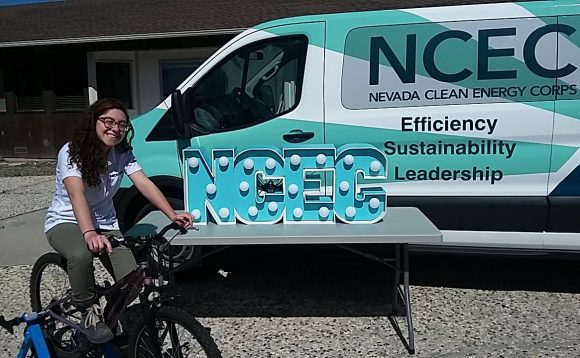 Jennifer Feinstein ’14 helped build the bicycle-powered marquee she and her team will use at a Nevada Earth Day celebration.