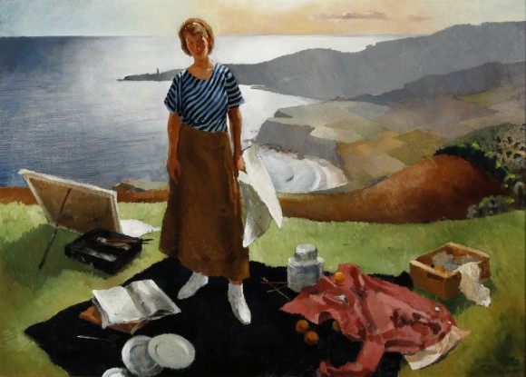 painting of woman near ocean cliff