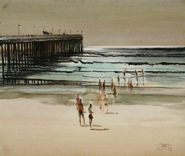 painting of people at beach near pier
