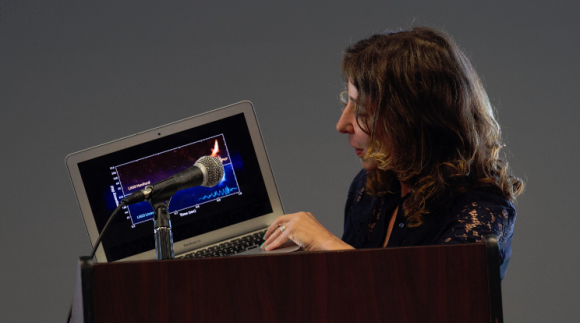 Janna Levin showing computer