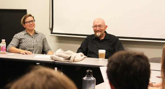 Lia Halloran and Kip Thorne lecture in her May 12 "Up" class at Chapman University.