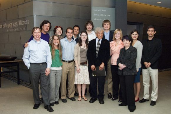 Elie Wiesel, center, with Marilyn Harran, Ph.D., director of the Rodgers Center for Holocaust Education, and Chapman history students during Wiesel's 2010 visit.