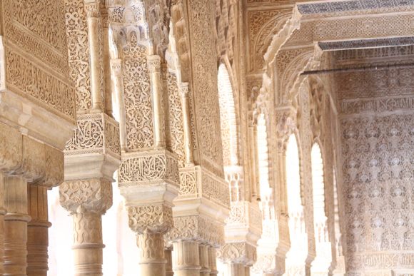 Geometric designs on the arches and walls of the Moorish stronghold the Alhambra in Granada, Spain.