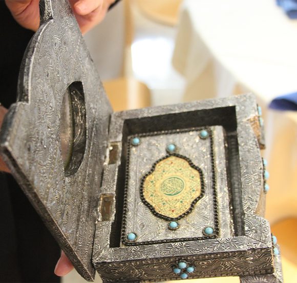 This elegantly boxed and decorated Quran, presented to Chapman University by Fareed Farukhi, once belonged to the Prince of Jordan.