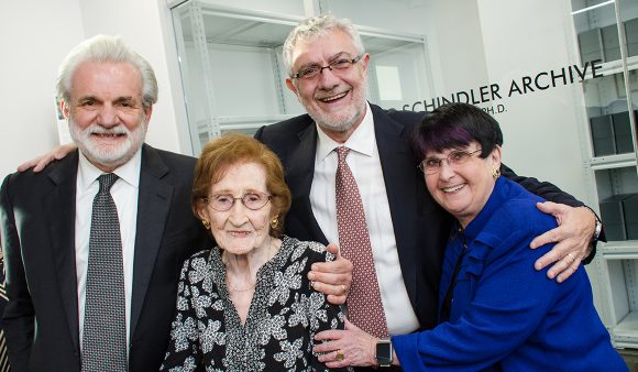 From left: donor David Crowe, Ph.D.; Schindler's list survivor Mila Page; Chapman President Daniele Struppa, Ph.D., and Marilyn Harran, Ph.D., Stern Chair in Holocaust Education at Chapman, at the dedication of the Oskar Schindler Archive on Nov. 10.