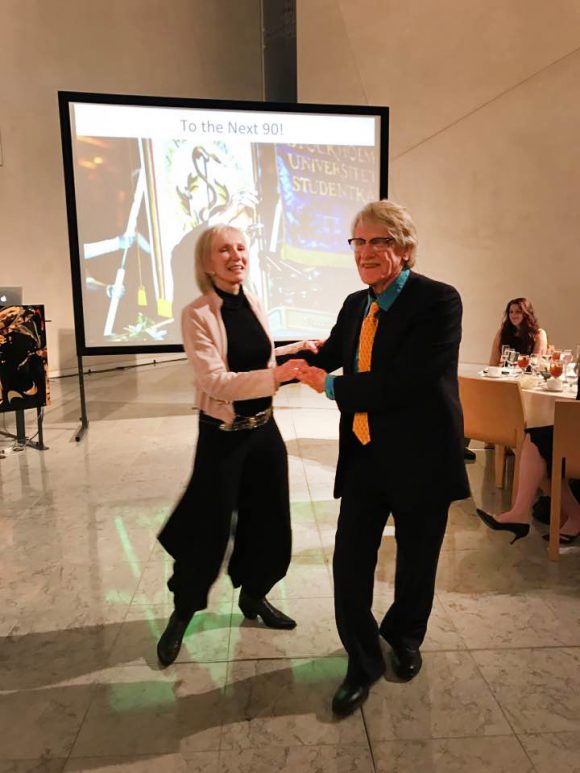 Nobel laureate Vernon Smith and wife Candace cut up the dance floor with a blazing Kansas two-step at his 90th birthday celebration at Chapman University. Photo by Jim Doti.