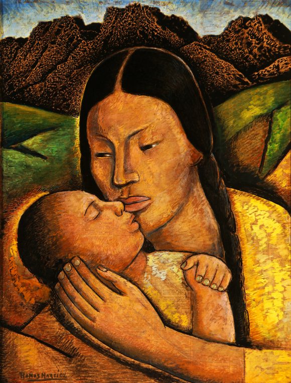 Alfredo Ramos Martinez, "Mother and Child," 1945, tempera on newsprint. Part of the "Golden Dreams" exhibition. Collection of Janet and Mark Hilbert.