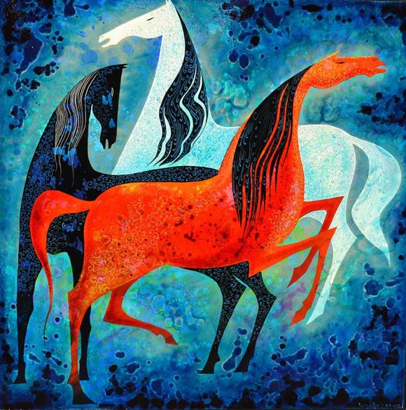 Eyvind Earle, "Three Noble Horses," 1993, oil. Gift of the Earle Family Trust to the Hilbert Museum. 