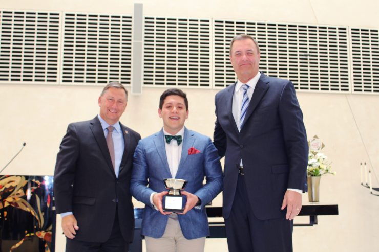 Cheverton Award winner Vidal Arroyo '19 stands with Dean Price and Provost Pfeiffer.
