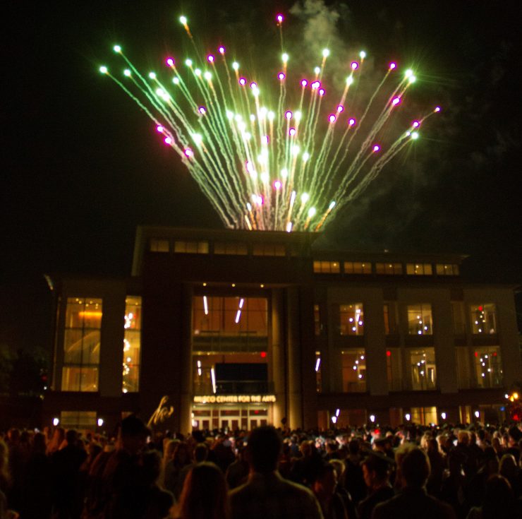 Fireworks explode over the roof of Musco Center for the Arts after Closing Convocation.