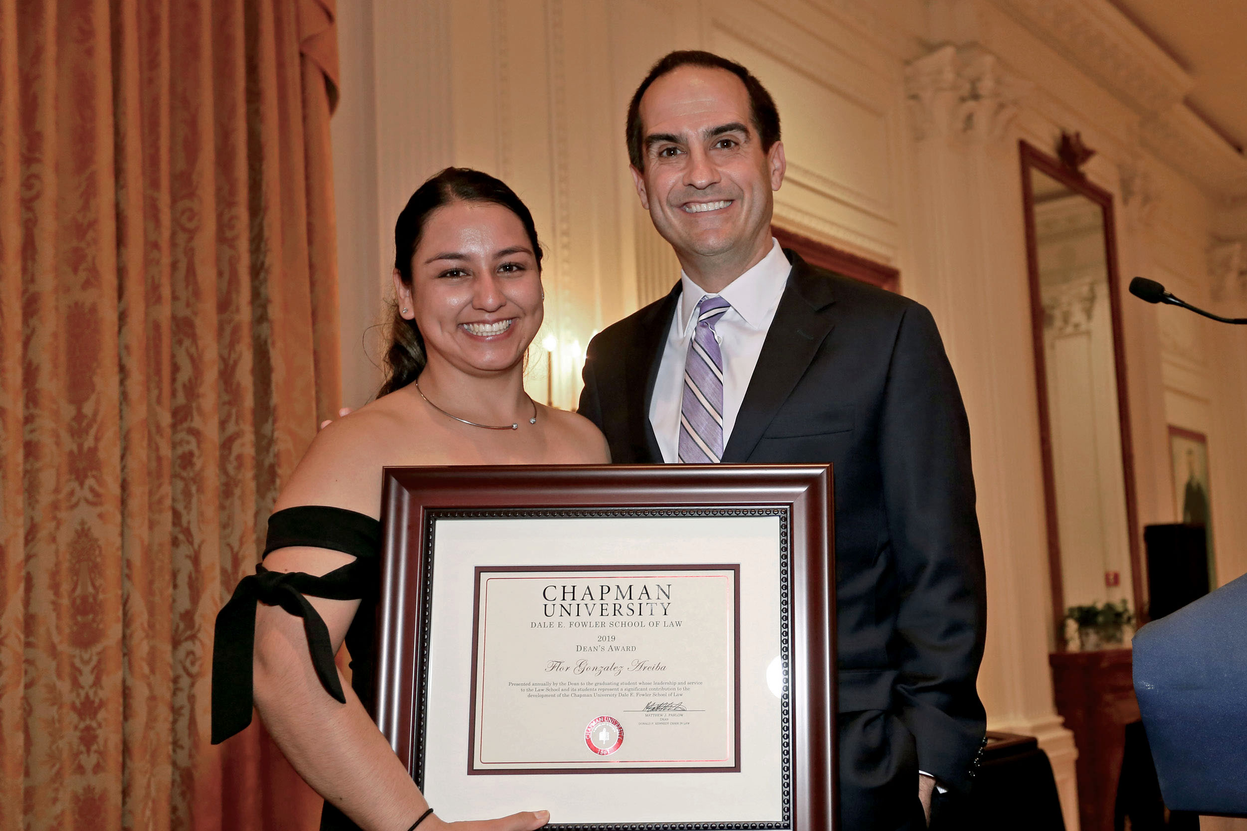 Flor Gonzalez (JD '19) with Dean Matt Parlow.