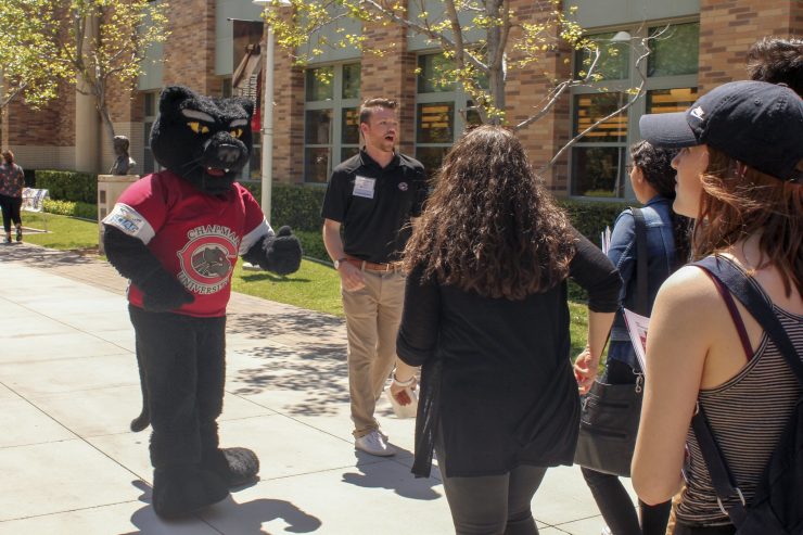 Pete the Panther greets students at Discover Chapman Day