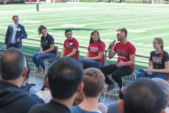 Chapman students talking to prospective students at Discover Chapman Day