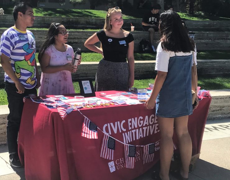 Chapman students in Piazza. A variety of student and campus activities helped boost campus voting rates.