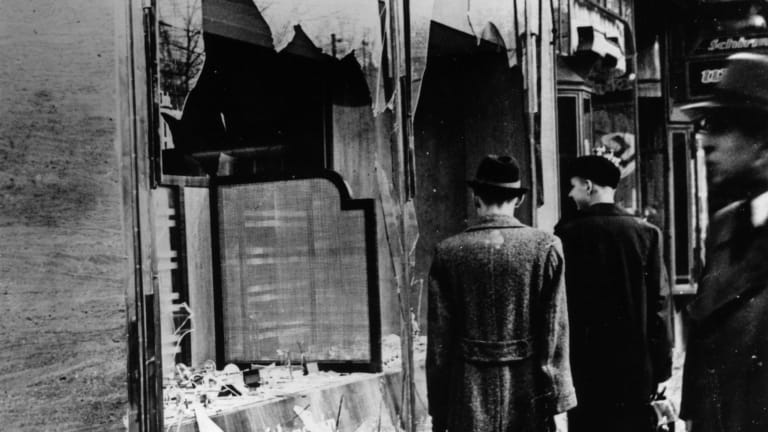old photograph of Kristallnacht aftermath.