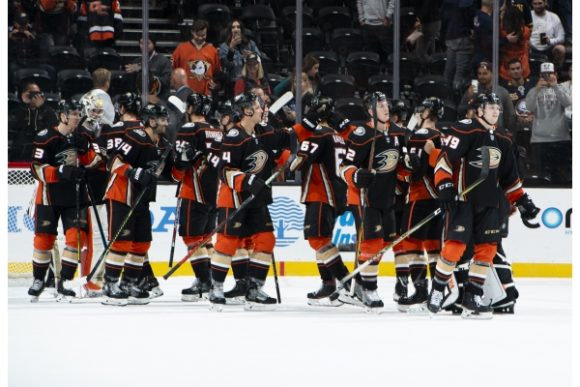 Anaheim Ducks hockey players on ice