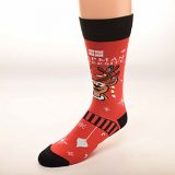 black and red sock with reindeer and ornaments