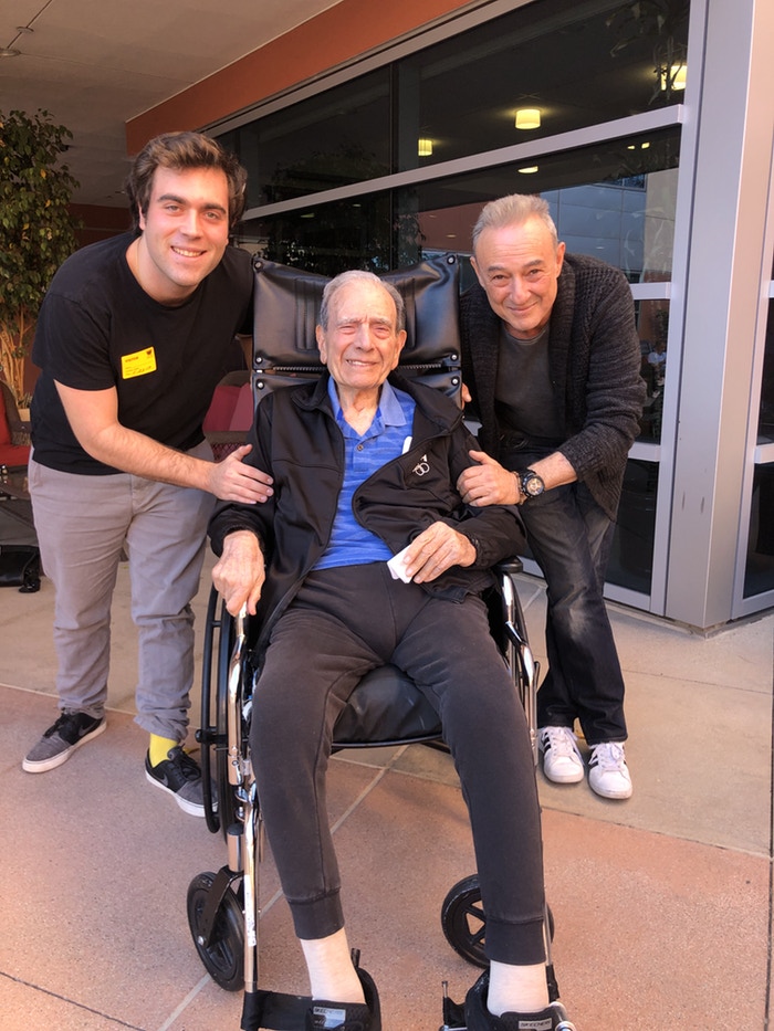 Holocaust Survivor Dario Gabbai, center, with Jaco Pitchon, right, who plays Rafi in “Lightning Man,” and Jonathan Goetzman, left, filmmaker.