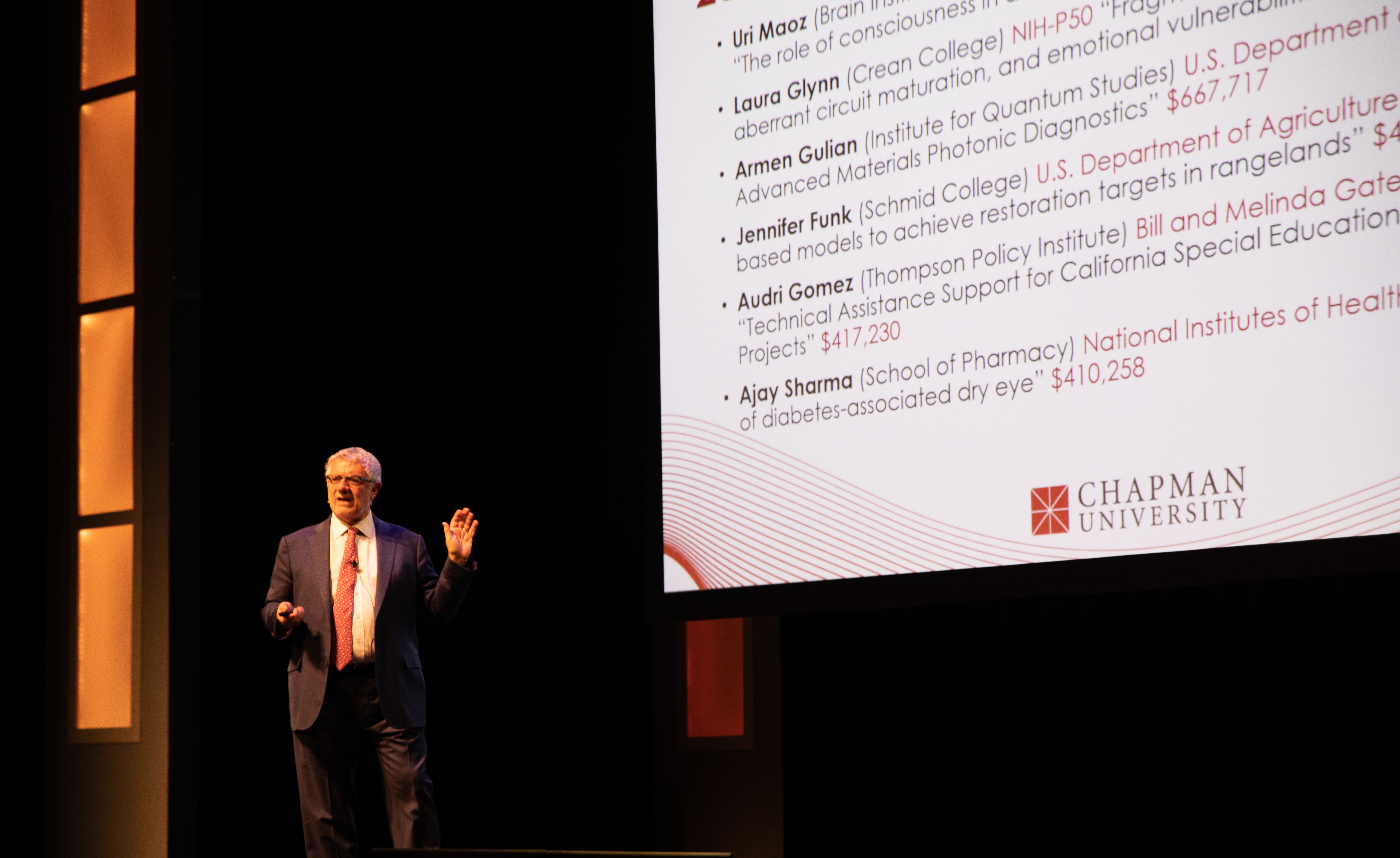 President Struppa at State of the University.In his State of the University address Chapman President Daniele C. Struppa commends faculty who have recently received major research grants.