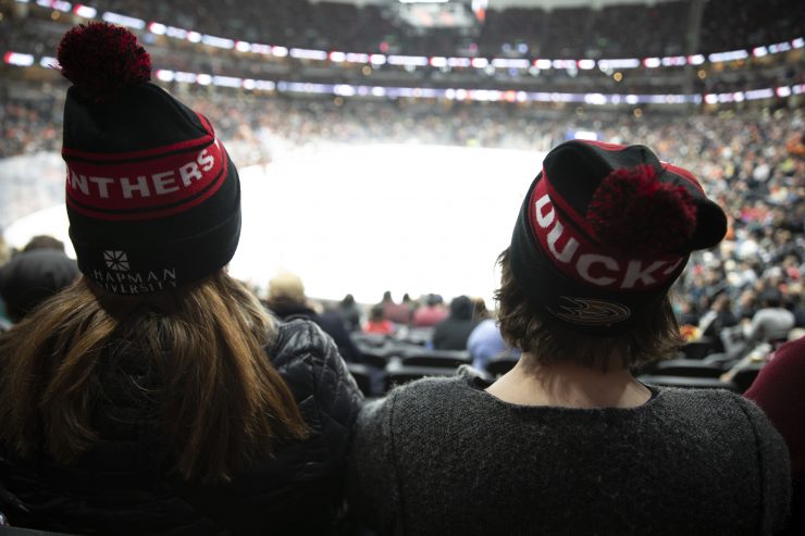 the heads of two people in knitted beanies watching a hockey game
