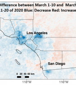 A satellite image interpreted by a Chapman earth systems lab shows a steep drop in nitrogen oxide emissions in and around Los Angees, indicating that residents are observing stay-at-home orders.