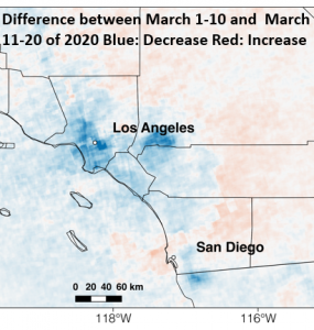 A satellite image interpreted by a Chapman earth systems lab shows a steep drop in nitrogen oxide emissions in and around Los Angees, indicating that residents are observing stay-at-home orders.