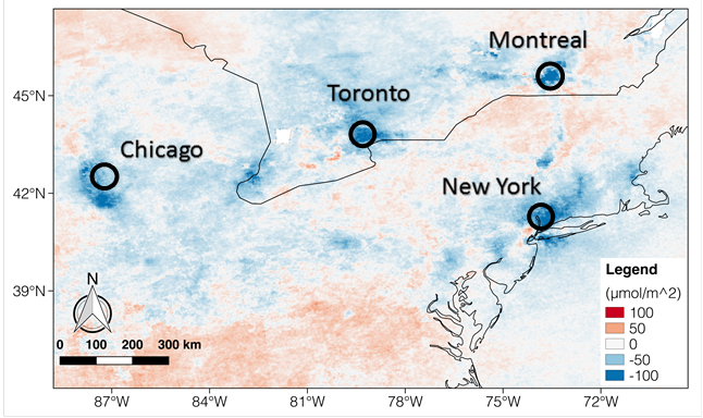 Satellite image showing nitrogen emission levels.