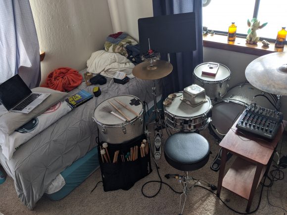 drum set in bedroom