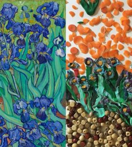 Irises, 1889, Vincent Van Gogh. Oil on canvas, 29 1/4 × 37 1/8 in. The J. Paul Getty Museum, 90.PA.20. Re-creation via Twitter DM by Cara Jo O’Connell and family using Play Doh, carrot slices, and wooden beads