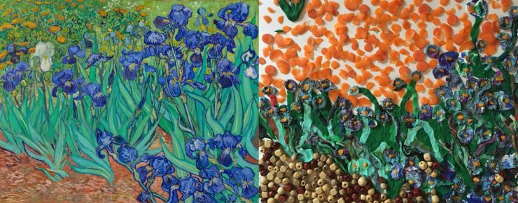 Irises, 1889, Vincent Van Gogh. Oil on canvas, 29 1/4 × 37 1/8 in. The J. Paul Getty Museum, 90.PA.20. Re-creation via Twitter DM by Cara Jo O’Connell and family using Play Doh, carrot slices, and wooden beads