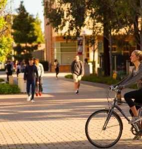 Student riding a bicycle on campus.