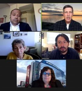 screen shot of five panelists on a zoom screen