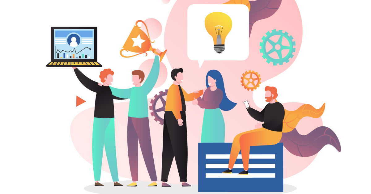 Graphic of employees interacting with each other.