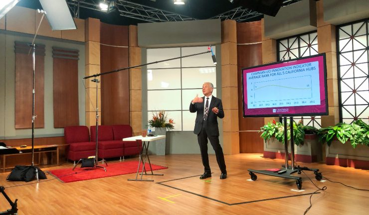 President Emeritus Jim Doti presented the annual Economic Forecast in a university studio, allowing thousands of viewers to watch the virtual event online.